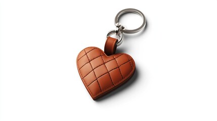 A brown leather heart-shaped keychain with a quilted design and a metal ring.