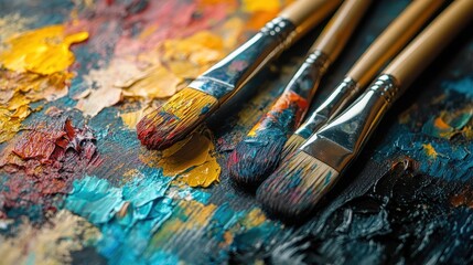 Obraz premium Vibrant Paintbrushes on Colorful Abstract Canvas - Artistic Creativity and Expression in Modern Art