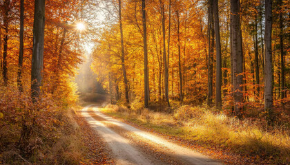 Obraz premium A serene autumn scene featuring a winding dirt road surrounded by vibrant orange and yellow trees.
