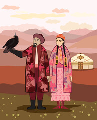 _Vector image of a woman and a man with an eagle in a Kazakh national costume on a steppe background.eps
