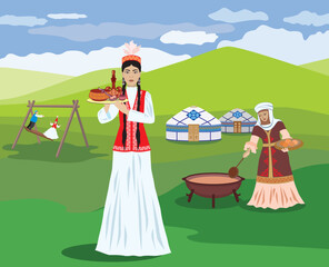 _Vector image of a young girl in a Kazakh national costume on the background of the celebration of Nauryz.eps