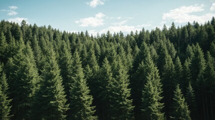 Thick green coniferous forest bathed in sunlight under a cloudless sky 