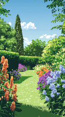 A vibrant garden bursts with life, a symphony of colors in bloom: orange, purple, and blue flowers dance amidst lush greenery, bathed in warm sunlight.