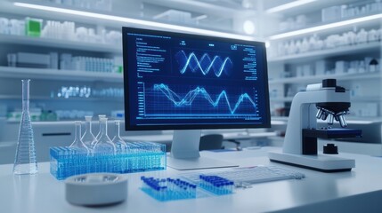 Naklejka premium High-tech laboratory equipped with advanced DNA editing tools and detailed animal charts, illustrating cutting-edge research in biology, zoology, and genomics.