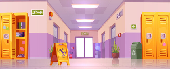 Empty school corridor with closed and open locker with student books and shoes, classroom and exit doors, water bottle and fire extinguisher, trash bin and plants, bell on wall and slippery floor sign © klyaksun