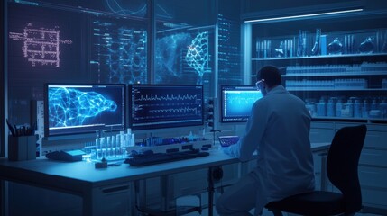 High-tech laboratory equipped with advanced DNA editing tools and detailed animal charts, illustrating cutting-edge research in biology, zoology, and genomics.