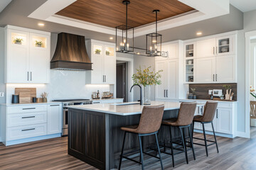 Modern kitchen with white marble island, stainless steel appliances, light wood cabinets, dining table, and wooden flooring in open-concept space.
