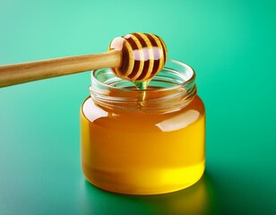Honey with wooden dipper on green background