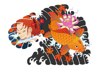 Hanya, carp, Japanese irezumi style tattoo design, chest short sleeve. color work, koi fish  건대타투 타투달 잉어, 한야 문신도안, 타투도안 