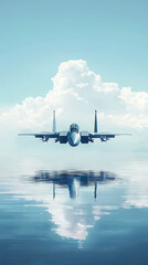 A Fighter Jet Flies Low Over Still Waters, Its Reflection Mirroring the Serenity of the Sky