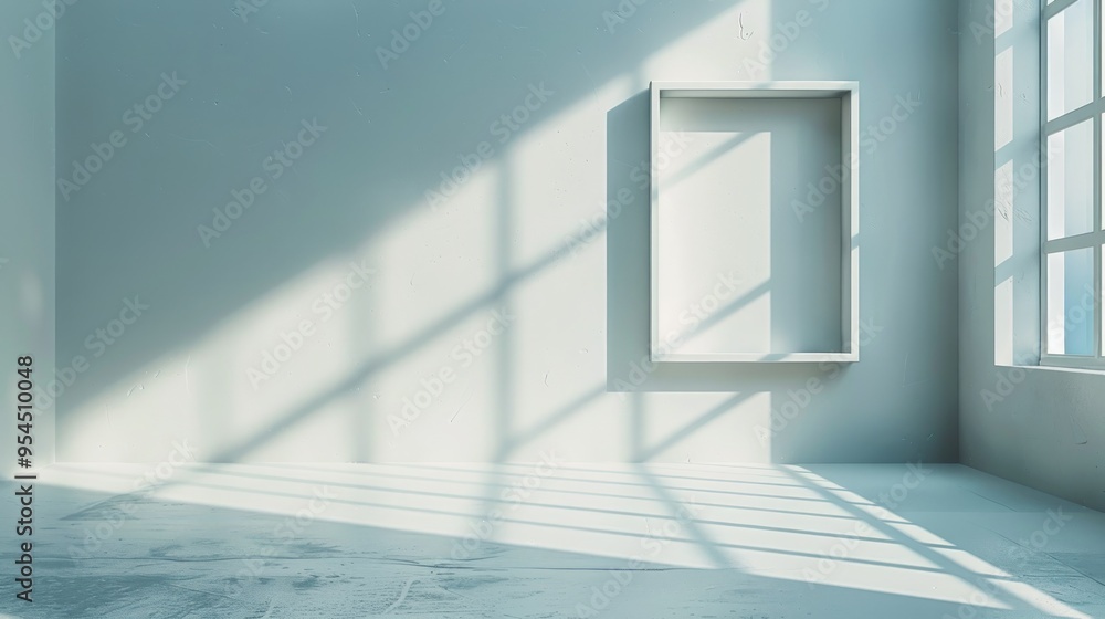 Poster white scale simplistic architecture with a square frame on the right side. realistic lights and shad