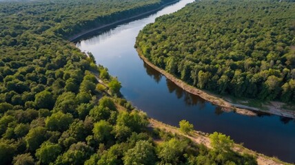 Fototapeta premium River meandering through forest hills, top view 