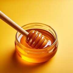 Honey with wooden dipper on yellow background