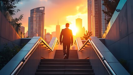 Ambitious business man climbing stairs to meet incoming challenge and business opportunity. The high stair represents the concept of career path success, future planning and business competitions.