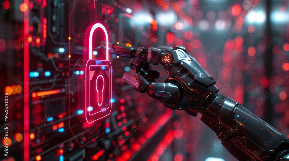 Poster 3d render of a robot hand pointing at a futuristic padlock icon on a digital screen with a city back