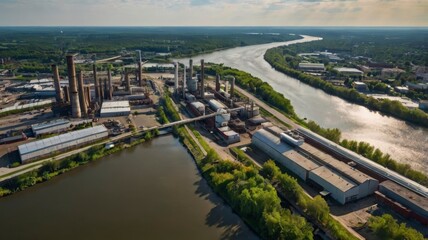 River-side industrial city from above