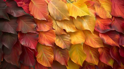 Vibrant autumn leaves in a palette showcasing a gradient of warm hues from reds to yellows