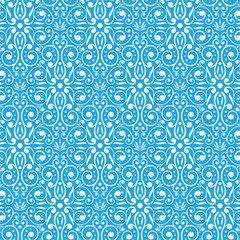Damask seamless pattern. Blue and white texture. Vector illustration. Wrapping paper, textiles. Nice background