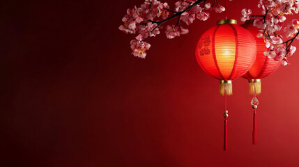 #Chinesse New Year year, beautiful lantern and flowers on red background, image with copyspace, art