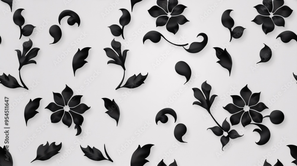Poster Black Floral Pattern: A timeless and elegant black floral pattern with soft shadows on a white background.  Perfect for adding a touch of sophistication to any design project. 