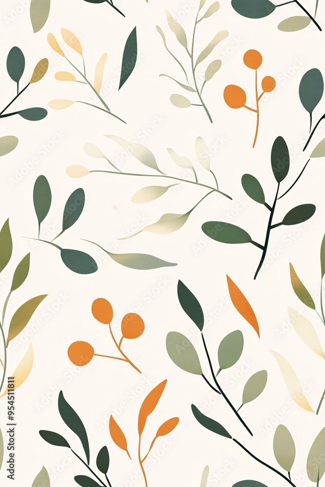 Poster minimalist botanical seamless pattern: a delicate and elegant pattern featuring abstract green and o