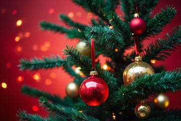 Christmas Tree With Ornament And Bokeh Lights In Red Background