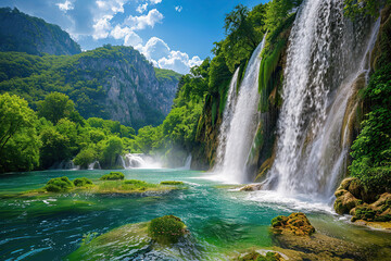 Fototapeta premium Generative ai on theme of beautiful majestic waterfall in natural nature, national park attraction