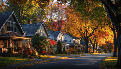 A serene autumn street lined with charming homes and vibrant fall foliage.