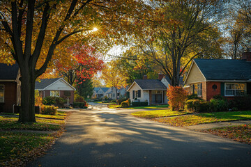 A serene autumn neighborhood scene with colorful foliage and charming homes lining a peaceful street.