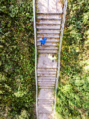 Obraz premium Aerial view of two runners running up the staris in the park. Morning running training for male friends.