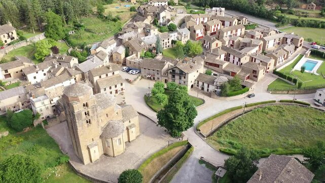 Aerial view of landscape of spanish village of Santa Cruz de la Seros on sunny day. Spain. High quality 4k footage