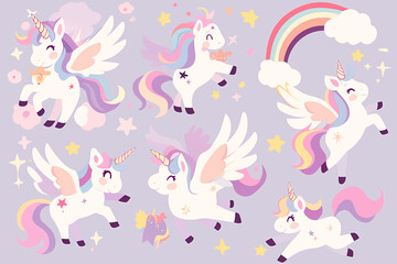 A cute set of unicorn stickers featuring unicorns in various poses and expressions