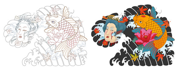 Hanya, carp, Japanese irezumi style tattoo design, chest short sleeve. line art work 건대타투 타투달 잉어, 한야 문신도안, 타투도안