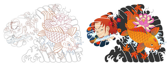 Fototapeta premium Hanya, carp, Japanese irezumi style tattoo design, chest short sleeve. line art work 건대타투 타투달 잉어, 한야 문신도안, 타투도안