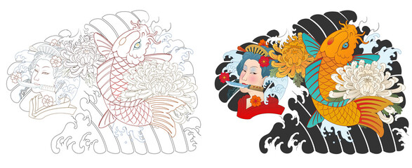 Hanya, carp, Japanese irezumi style tattoo design, chest short sleeve. line art work 건대타투 타투달 잉어, 한야 문신도안, 타투도안