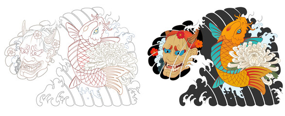 Hanya, carp, Japanese irezumi style tattoo design, chest short sleeve. line art work 건대타투 타투달 잉어, 한야 문신도안, 타투도안