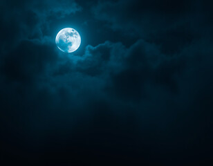 Full moon illuminating a dark, cloudy night sky with dense blue fog. Halloween background , nighttime ambiance, lunar light concept, gothic aesthetic, eerie atmosphere.