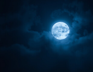 Full moon illuminating a dark, cloudy night sky with dense blue fog. Halloween background , nighttime ambiance, lunar light concept, gothic aesthetic, eerie atmosphere.