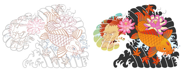 Hanya, carp, Japanese irezumi style tattoo design, chest short sleeve. line art work 건대타투 타투달 잉어, 한야 문신도안, 타투도안