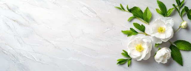  Three white flowers with green leaves against a pristine white marble backdrop Text/Name space on the left side