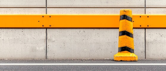 Yellow and black striped traffic pole against a concrete barrier along a road. Construction safety and traffic management concept.