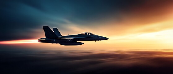 Spectacular fighter jet soaring through a vibrant sunset sky, showcasing the power and beauty of modern aviation at dusk.