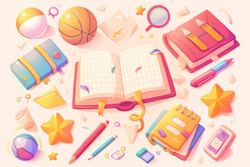 Back to school vibe, icon consisting of books, pencils, basketballs, and other elements for invitations, greeting cards, stickers, labels