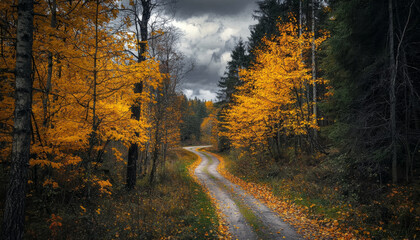A winding path through a vibrant autumn forest, surrounded by golden leaves and a moody sky.