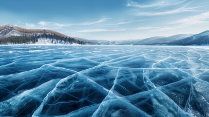 Tranquil winter wonderland  blue ice and intricate cracks on a frozen lake beneath a clear sky