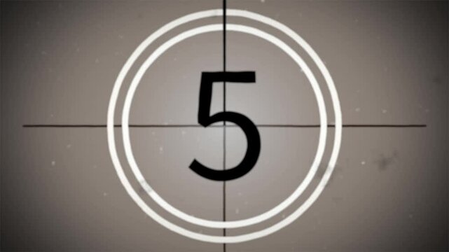 Old movie film countdown. Vintage defocus film look, flicker, grain, scratch effect.