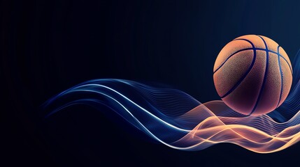 Dynamic basketball image with smooth light trails, highlighting the motion and energy of the sport on a dark background.
