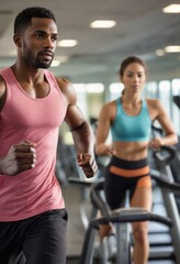 A man and a woman are running on treadmills in a gym, focusing on their cardio workout.