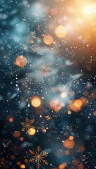 Fototapeta premium Serene abstract winter wallpaper featuring floating snowflakes and glowing light elements
