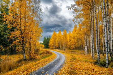 Fototapeta premium A winding road through a vibrant autumn landscape with golden trees and a cloudy sky.
